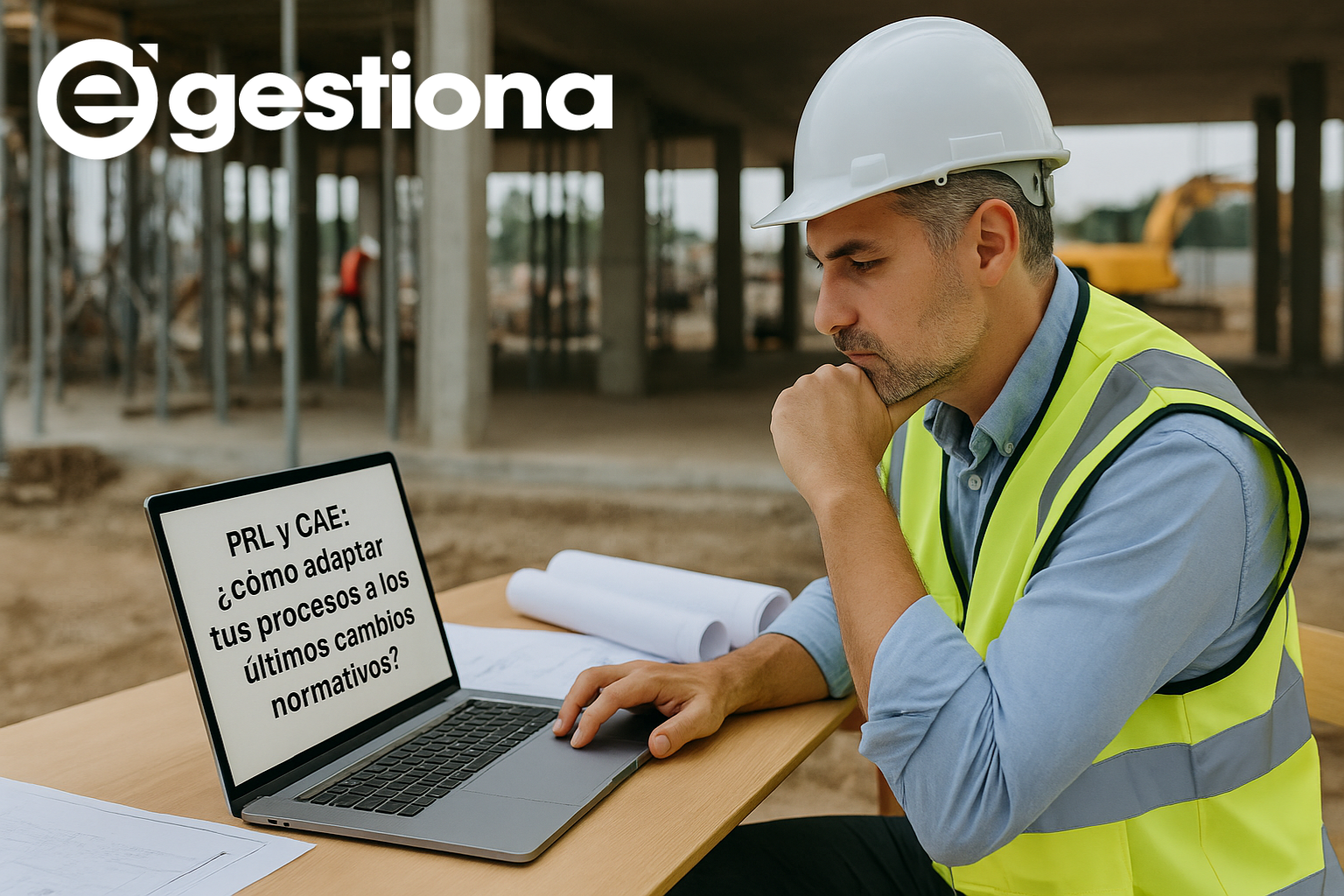 Responsable de obra revisando documentación PRL en una plataforma digital CAE