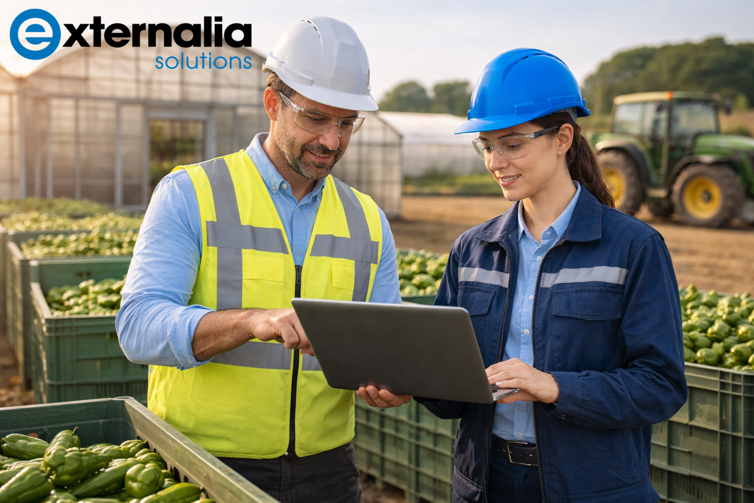 Técnicos de PRL revisando la tablet. Gestión agroalimentaria