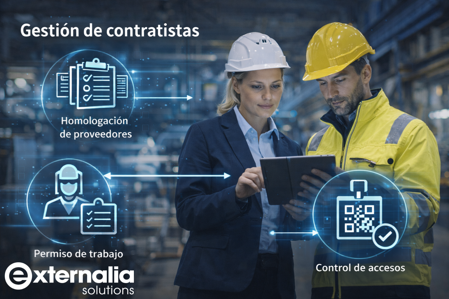 Dos técnicos de PRL revisando una tablet. Gestión de contratistas CAE