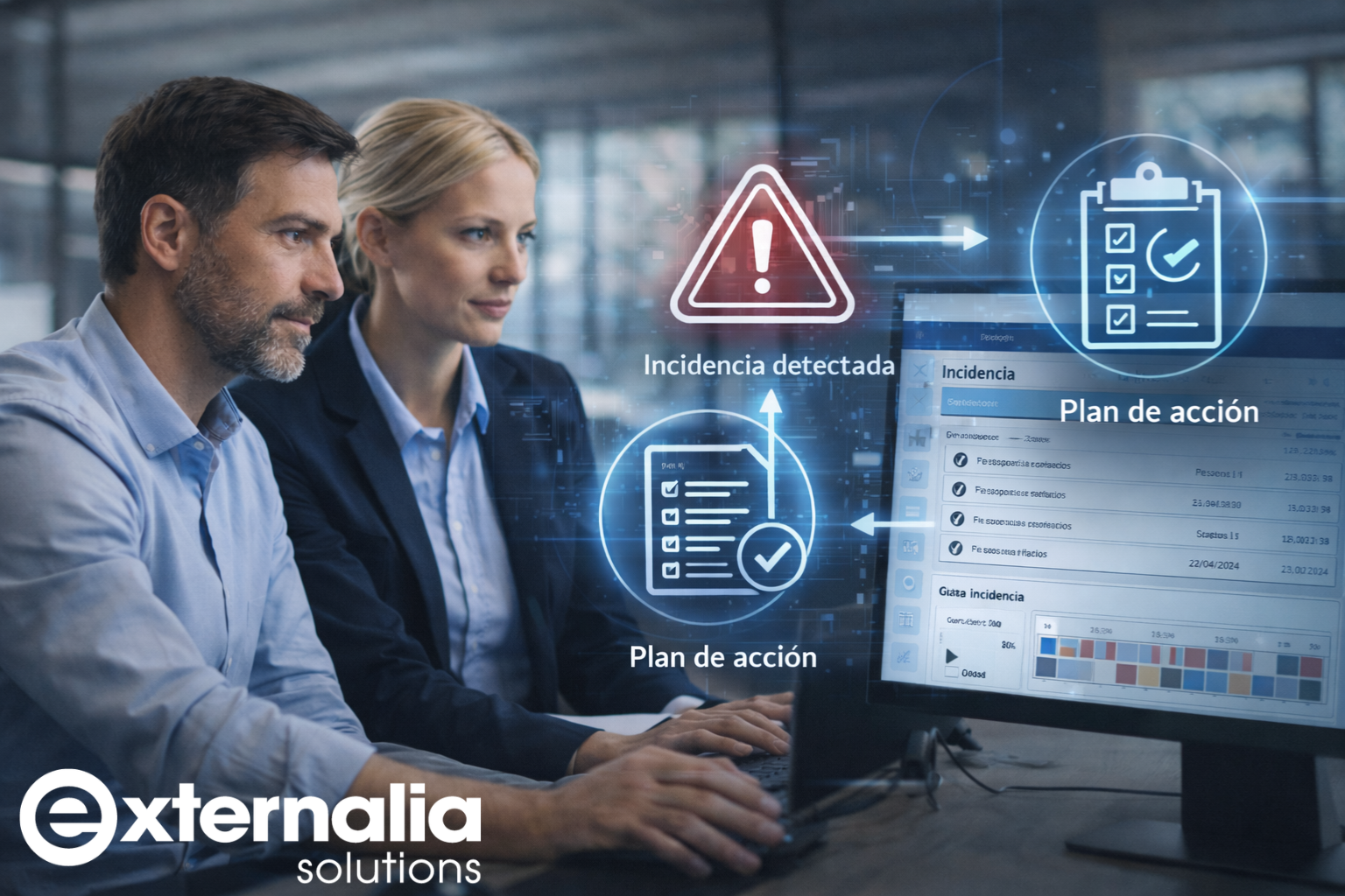 Dos operarios de PRL revisando el módulo de Calidad de eGestiona de Externalia Solutions