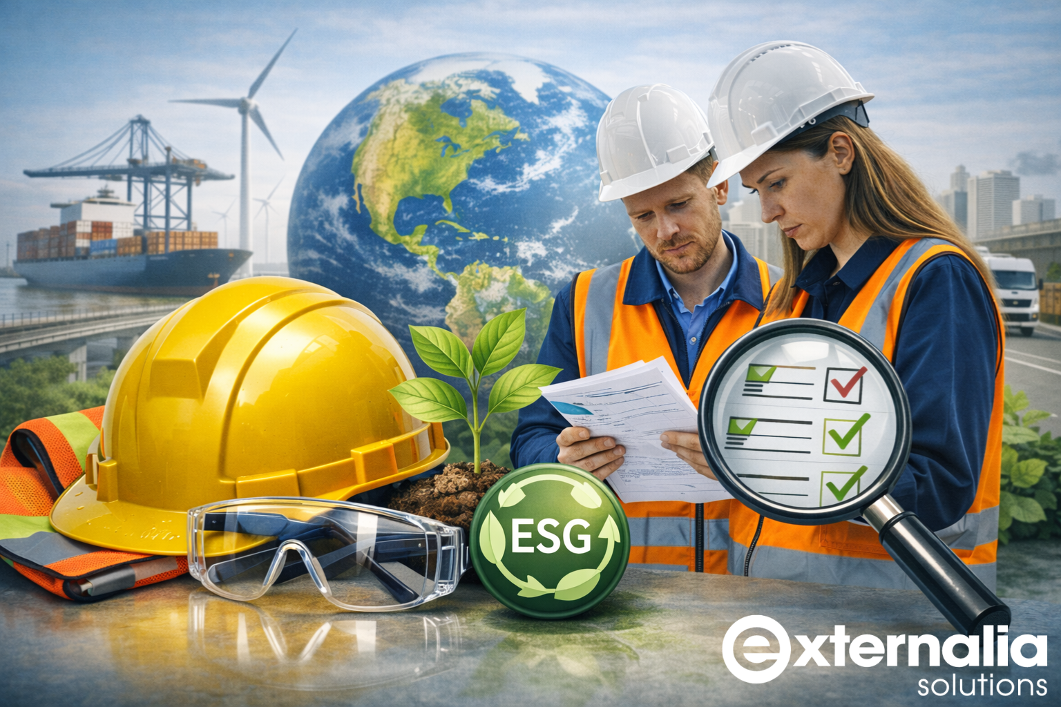 técnico con tablet en entorno industrial / reunión de auditoría con documentación / infografía ESG-PRL
